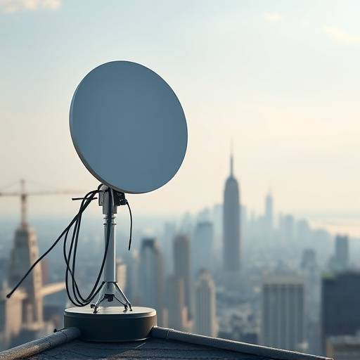 Un'antenna 5G su un tetto, con lo skyline di una citt&agrave; sullo sfondo.