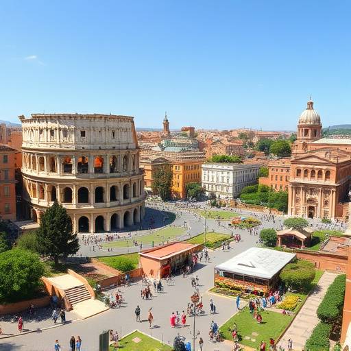 Una veduta panoramica di Roma con turisti che visitano il Colosseo